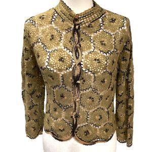Vintage Li Liming Knitted Crafts Crochet Handmade Green Brown Cardigan XS?